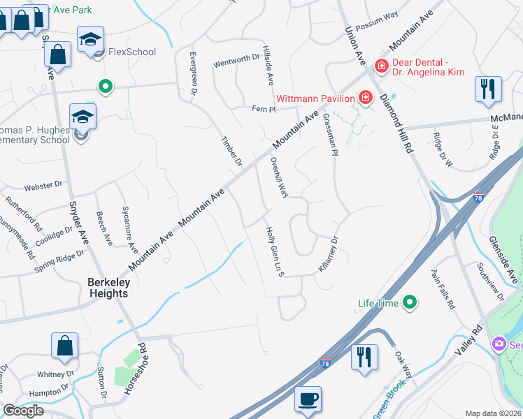 map of restaurants, bars, coffee shops, grocery stores, and more near 59 Holly Glen Ln N in Berkeley Heights