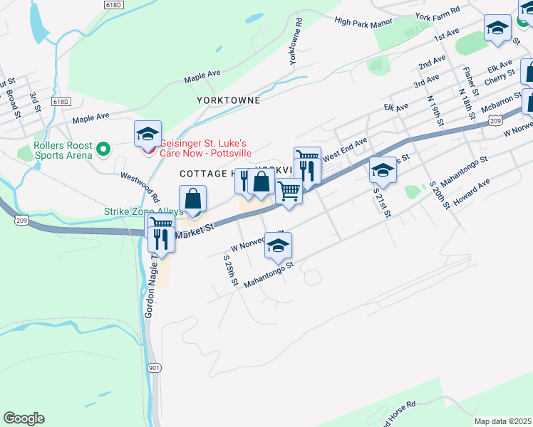 map of restaurants, bars, coffee shops, grocery stores, and more near 2279 West Market Street in Pottsville
