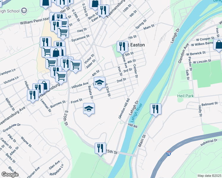 map of restaurants, bars, coffee shops, grocery stores, and more near 1206 South 23rd Street in Easton