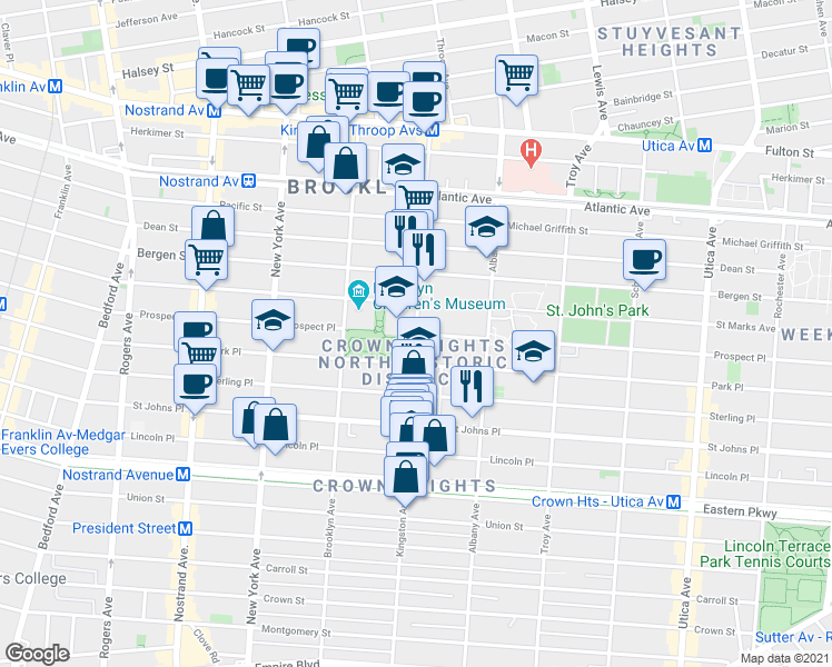 map of restaurants, bars, coffee shops, grocery stores, and more near Prospect Place & Kingston Avenue in Brooklyn