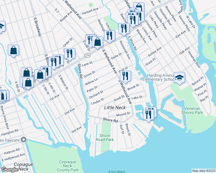 map of restaurants, bars, coffee shops, grocery stores, and more near 42 Orchard Street in Lindenhurst