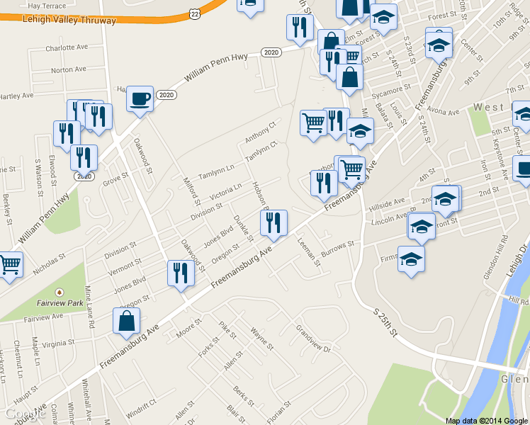 map of restaurants, bars, coffee shops, grocery stores, and more near 2700 Jones Boulevard in Easton