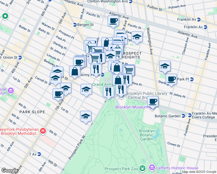 map of restaurants, bars, coffee shops, grocery stores, and more near Flatbush Avenue in Brooklyn