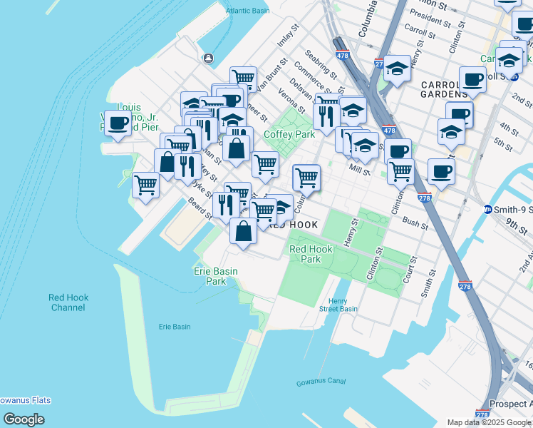map of restaurants, bars, coffee shops, grocery stores, and more near 1 Bay Street in Brooklyn