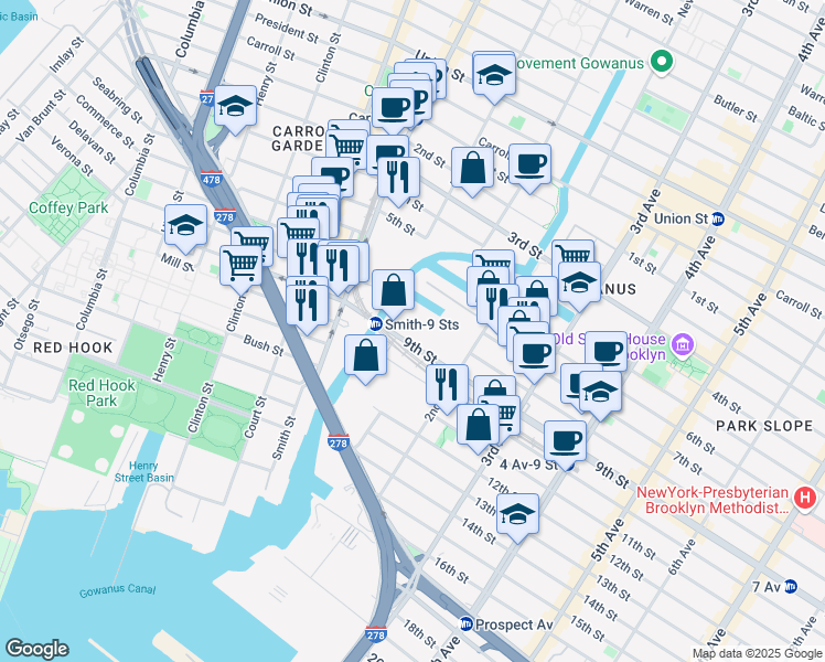 map of restaurants, bars, coffee shops, grocery stores, and more near 65 9th Street in Brooklyn