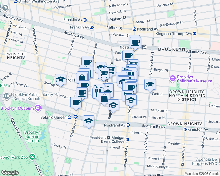 map of restaurants, bars, coffee shops, grocery stores, and more near 84 Rogers Avenue in Brooklyn