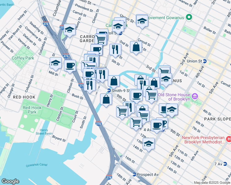 map of restaurants, bars, coffee shops, grocery stores, and more near 65 9th Street in Brooklyn