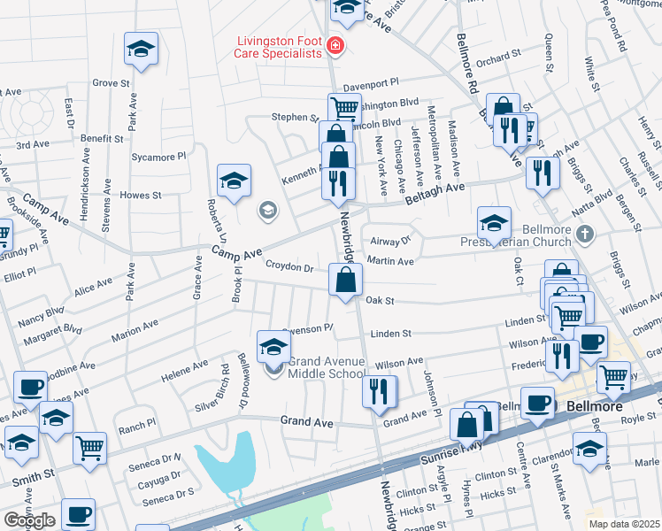 map of restaurants, bars, coffee shops, grocery stores, and more near 1 Surrey Lane in Bellmore