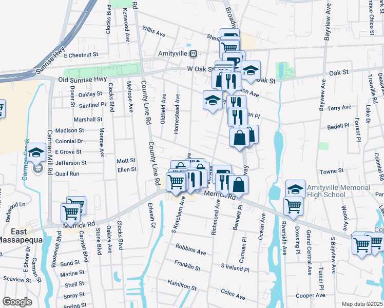 map of restaurants, bars, coffee shops, grocery stores, and more near 65 Ketcham Avenue in Amityville