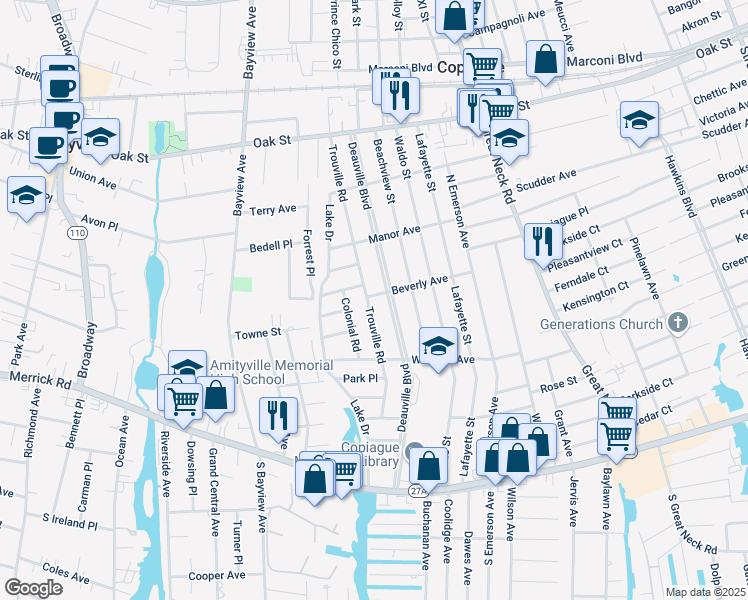 map of restaurants, bars, coffee shops, grocery stores, and more near 48 Beverly Avenue in Copiague