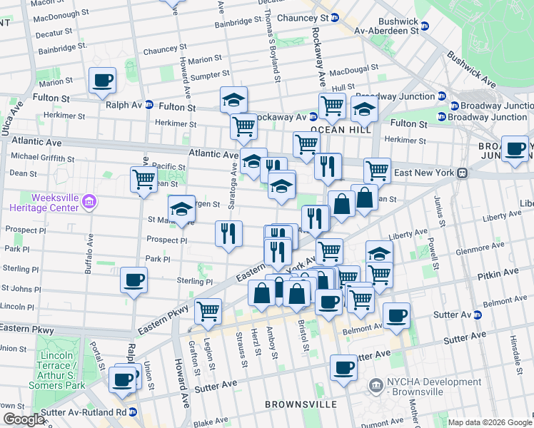 map of restaurants, bars, coffee shops, grocery stores, and more near 298 Thomas S Boyland Street in Brooklyn