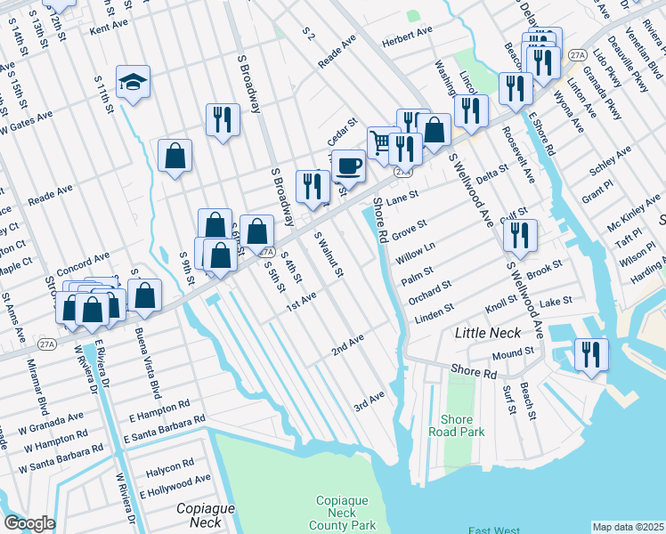 map of restaurants, bars, coffee shops, grocery stores, and more near 677 South Walnut Street in Lindenhurst