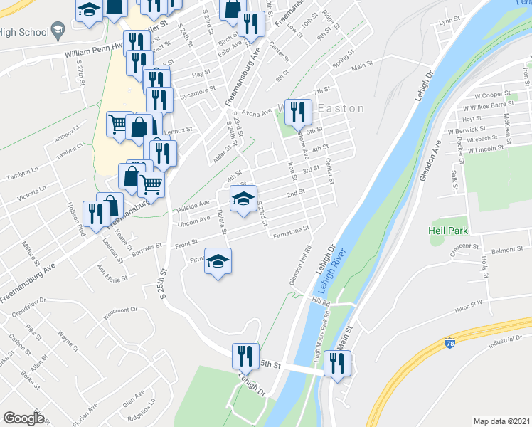 map of restaurants, bars, coffee shops, grocery stores, and more near 1206 South 23rd Street in Easton
