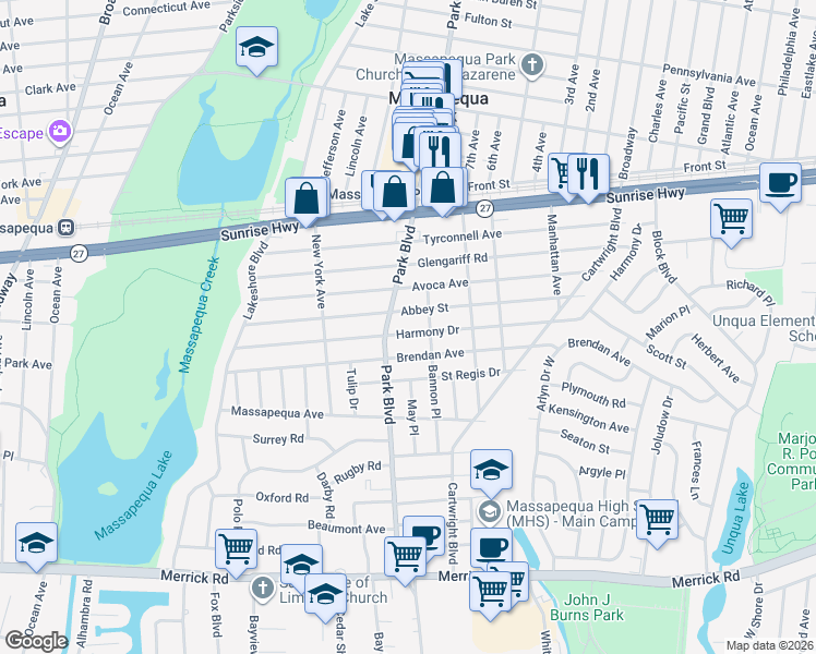 map of restaurants, bars, coffee shops, grocery stores, and more near 115 Harmony Drive in Massapequa Park