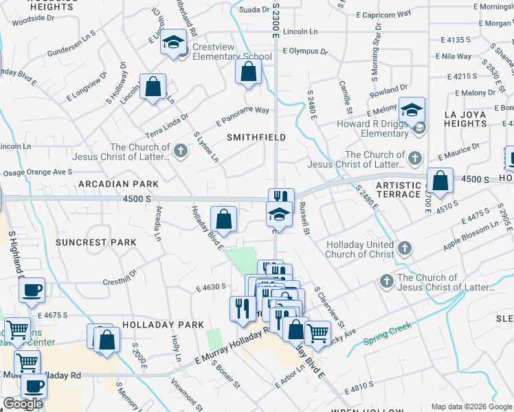 map of restaurants, bars, coffee shops, grocery stores, and more near 2290 East 4500 South in Holladay