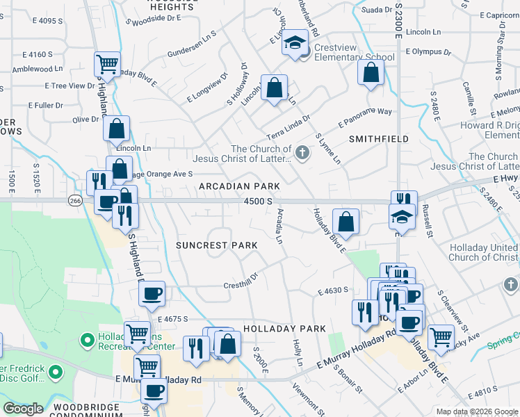 map of restaurants, bars, coffee shops, grocery stores, and more near 2058 East 4500 South in Holladay