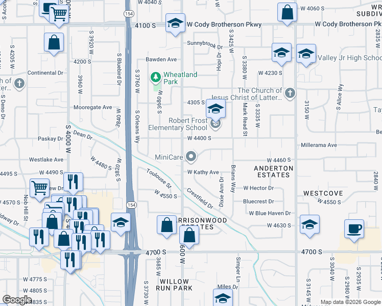 map of restaurants, bars, coffee shops, grocery stores, and more near 4432 South San Carlos Place in West Valley City