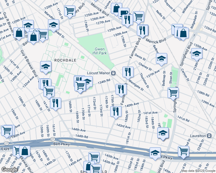 map of restaurants, bars, coffee shops, grocery stores, and more near 134-41 174th Street in Queens