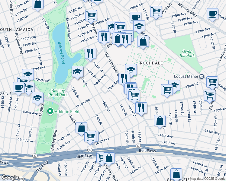 map of restaurants, bars, coffee shops, grocery stores, and more near 133-10 161 Street in Queens