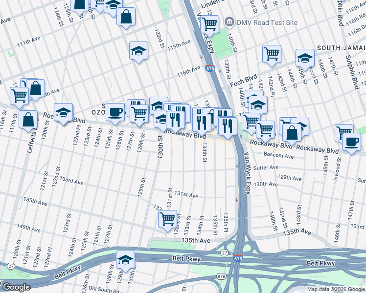 map of restaurants, bars, coffee shops, grocery stores, and more near 12023 132nd Street in Queens