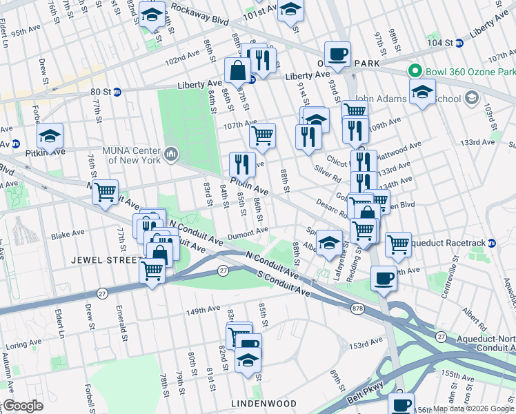 map of restaurants, bars, coffee shops, grocery stores, and more near 85-04 133rd Avenue in Queens