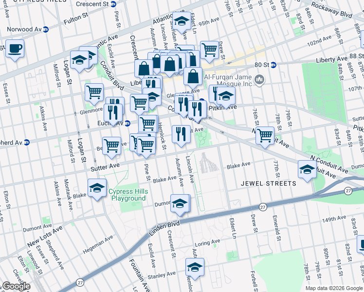 map of restaurants, bars, coffee shops, grocery stores, and more near 605 Autumn Avenue in Brooklyn