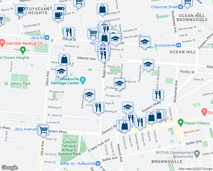 map of restaurants, bars, coffee shops, grocery stores, and more near 451 Ralph Avenue in Brooklyn