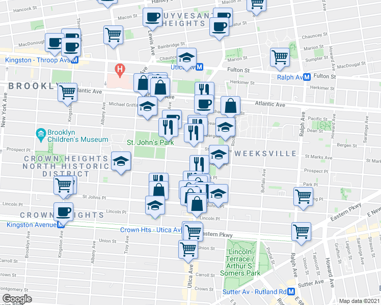 map of restaurants, bars, coffee shops, grocery stores, and more near 1152 Saint Marks Avenue in Brooklyn