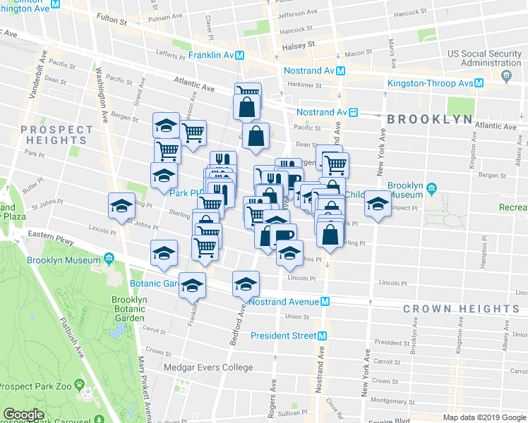 map of restaurants, bars, coffee shops, grocery stores, and more near 701 Park Place in Brooklyn