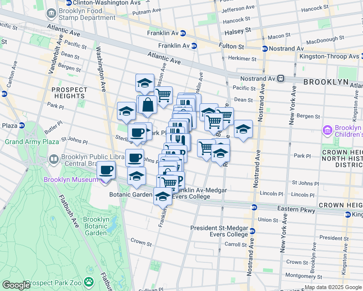 map of restaurants, bars, coffee shops, grocery stores, and more near 626 Park Place in Brooklyn