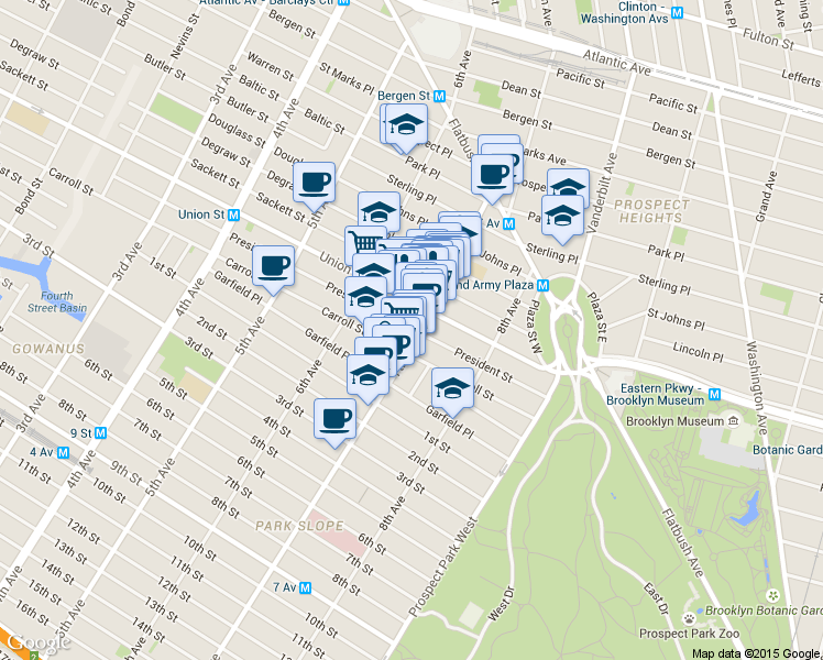 map of restaurants, bars, coffee shops, grocery stores, and more near 109 7th Avenue in Brooklyn