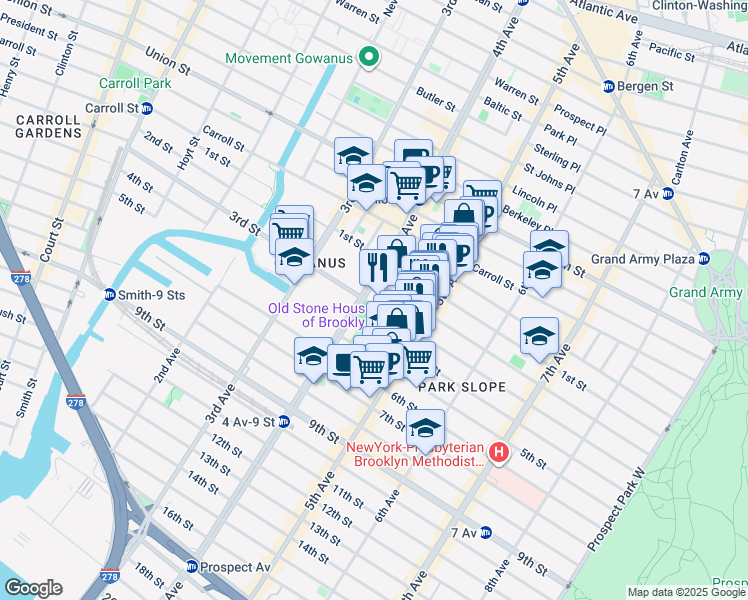map of restaurants, bars, coffee shops, grocery stores, and more near 320 2nd Street in Brooklyn
