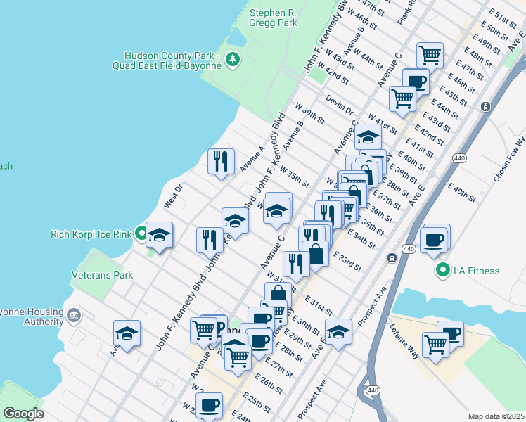 map of restaurants, bars, coffee shops, grocery stores, and more near 83-85 East 33rd Street in Bayonne