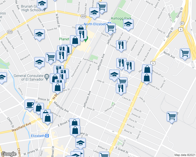 map of restaurants, bars, coffee shops, grocery stores, and more near 552 Jefferson Avenue in Elizabeth