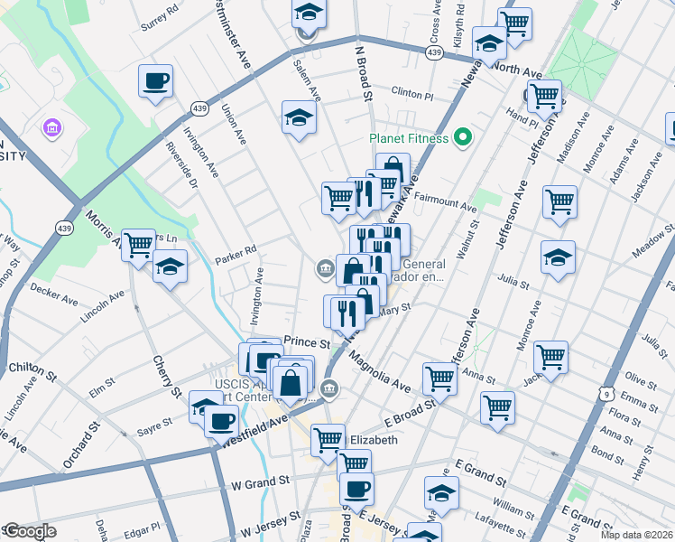 map of restaurants, bars, coffee shops, grocery stores, and more near 49 Parker Road in Elizabeth