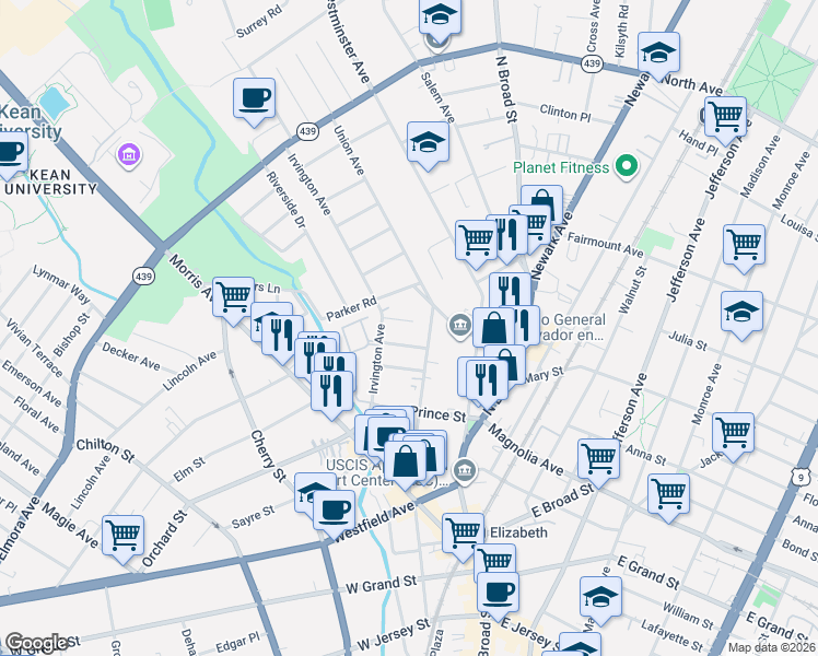 map of restaurants, bars, coffee shops, grocery stores, and more near 465 Irvington Avenue in Elizabeth