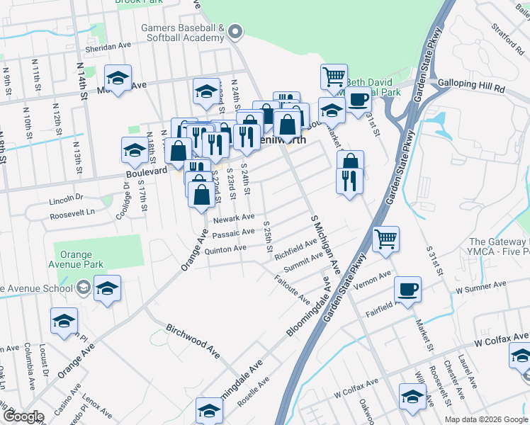 map of restaurants, bars, coffee shops, grocery stores, and more near 75 Arthur Terrace in Kenilworth