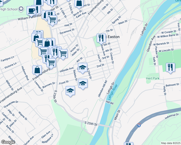 map of restaurants, bars, coffee shops, grocery stores, and more near 1206 South 23rd Street in Easton