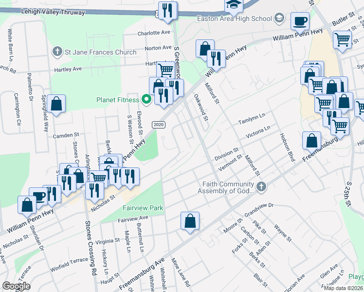 map of restaurants, bars, coffee shops, grocery stores, and more near 24-26 Grove Street in Easton