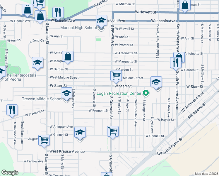 map of restaurants, bars, coffee shops, grocery stores, and more near 1300 South Griswold Street in Peoria
