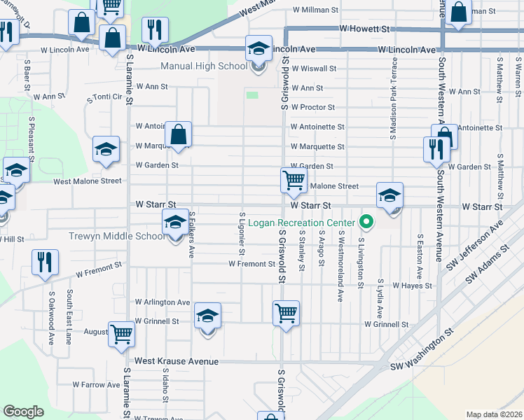 map of restaurants, bars, coffee shops, grocery stores, and more near 2600 West Starr Street in Peoria