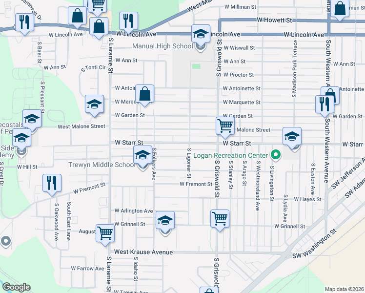 map of restaurants, bars, coffee shops, grocery stores, and more near 2700 W Starr St in Peoria