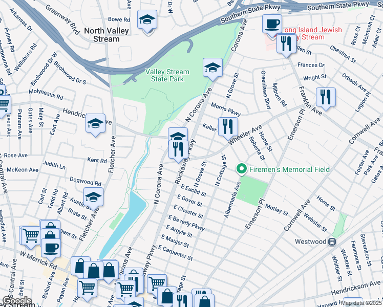 map of restaurants, bars, coffee shops, grocery stores, and more near 321 Rockaway Pkwy in Valley Stream