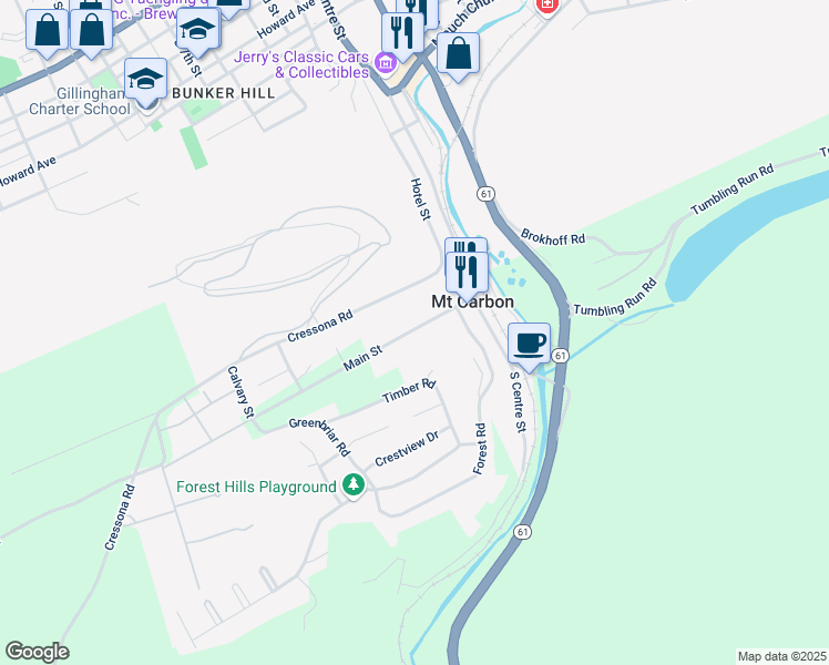 map of restaurants, bars, coffee shops, grocery stores, and more near 65 Main Street in Pottsville