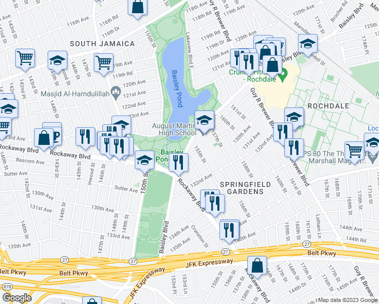map of restaurants, bars, coffee shops, grocery stores, and more near 154-05 129th Avenue in Queens
