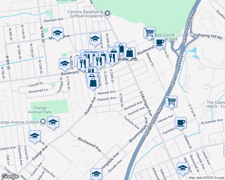 map of restaurants, bars, coffee shops, grocery stores, and more near 60 South 23rd Street in Kenilworth