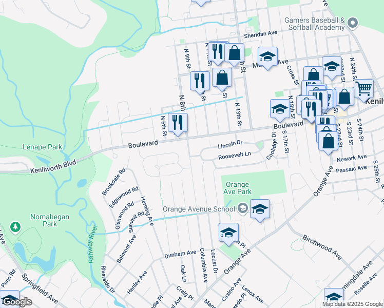 map of restaurants, bars, coffee shops, grocery stores, and more near 26 Columbia Avenue in Kenilworth