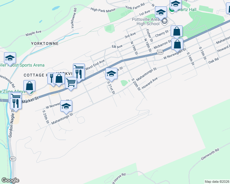 map of restaurants, bars, coffee shops, grocery stores, and more near 2064 Mahantongo St in Pottsville