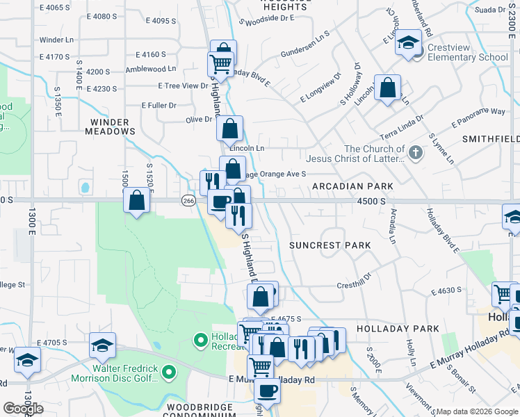 map of restaurants, bars, coffee shops, grocery stores, and more near 1812 East 4500 South in Holladay