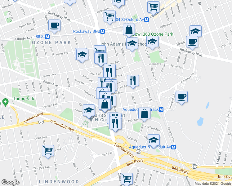 map of restaurants, bars, coffee shops, grocery stores, and more near 94-13 Linden Boulevard in Queens